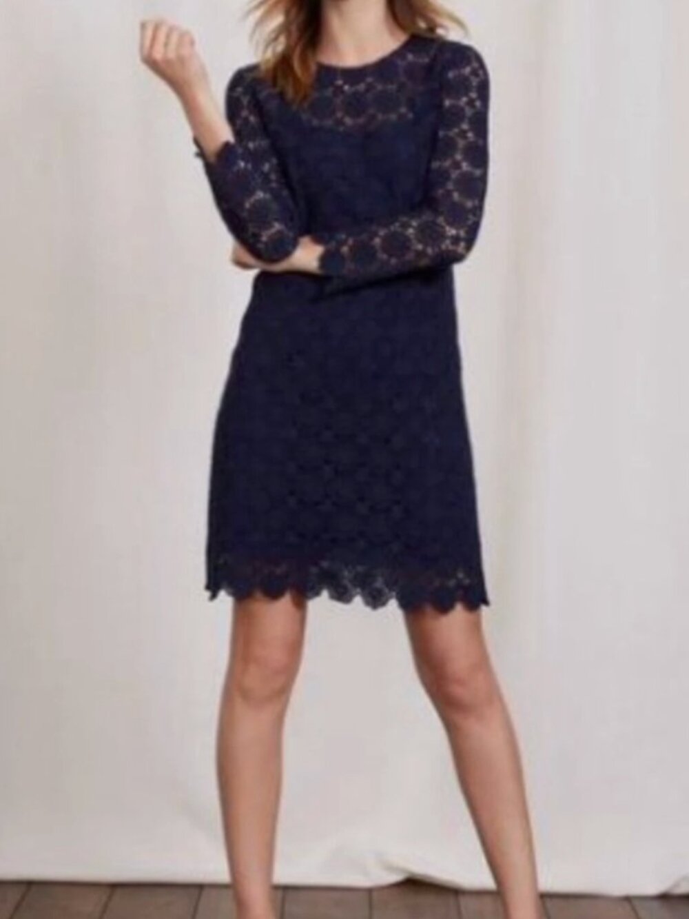 Boden Floral Crochet Long Sleeve Navy Blue Doily Dress Size 6L - Missing Slip